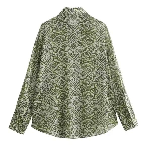 Zara Flowy Lightweight Green and White Abstract Print Long Sleeve Blouse Size S - Picture 3 of 12